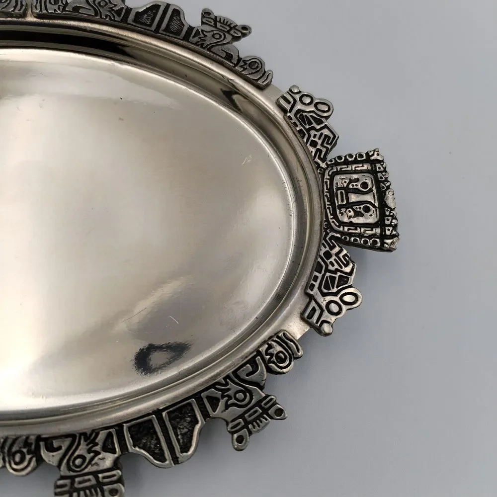 VTG Made in‎ Bolivia 97% Pewter Trinket Dish Oval Inca Tribal Indian Design FEMA